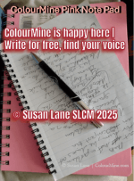 Handwritten poem by Susan Lane in a ColourMine Pink Note Pad, with pen resting on the page.