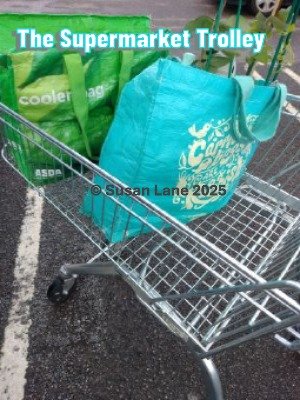 Supermarket trolley loaded with goodies with overlaid text "The Supermarket Trolley" and "© Susan Lane 2025"