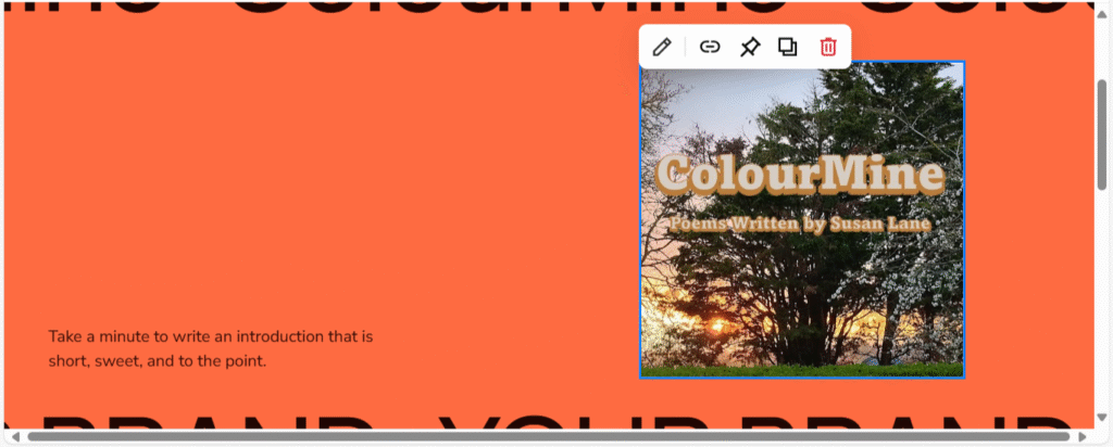 My Squarespace website home page with revolving banner and photo of an evening sunset with ColourMine text
