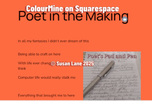 Squarespace : A poem on the page with the ColourMine notepad and pen, including text "ColourMine on Squarespace" and "© Susan Lane 2025"