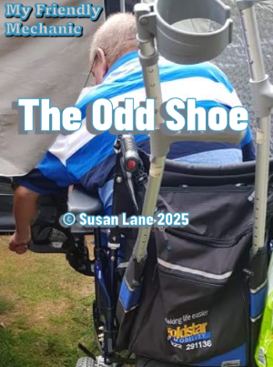 The love of my life, the owner of the odd shoe in his wheelchair before his death in Darent Valley in December 2023 with text "The Friendly Mechanic" "The Odd Shoe" and "© Susan Lane 2025"