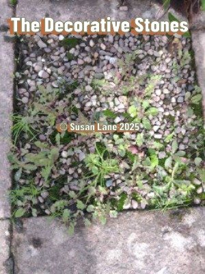 Dirty mauve decorative stones recessed in a pink slabbed pathway