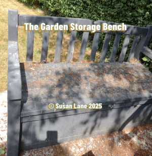 Garden storage bench covered in debris from the neighbour's tree with text "The Garden Storage Bench" and "© Susan Lane 2025"