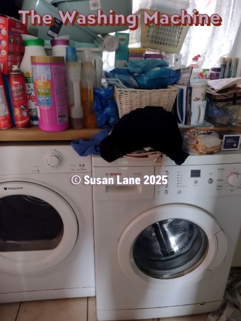 White washing machine in the ColourMine kitchen with text "the Washing Machine" and "© Susan Lane 2025"
