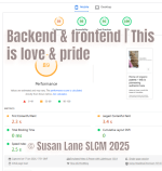 A mobile Lighthouse report for the ColourMine website showing scores: Performance 89, Accessibility 98, Best Practices 96, and SEO 100. The title “Backend & frontend | This is love & pride” and © Susan Lane SLCM 2025 appear above the report.
