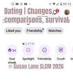 A dating app screenshot showing likes, matches, friendship options, and streak icons beneath the heading “Dating | Changes, comparisons, survival.”