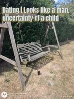 Weathered garden swing beside a glass of cola, surrounded by dry sun-scorched grass and a vibrant green hedge, illustrating a ColourMine poem about dating uncertainty.