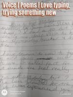 ColourMine handwritten draft of Voice to Text Poetry showing edits and revisions, with the SEO title "Voice | Poems | Love typing, trying something new" displayed above the original poem notes.